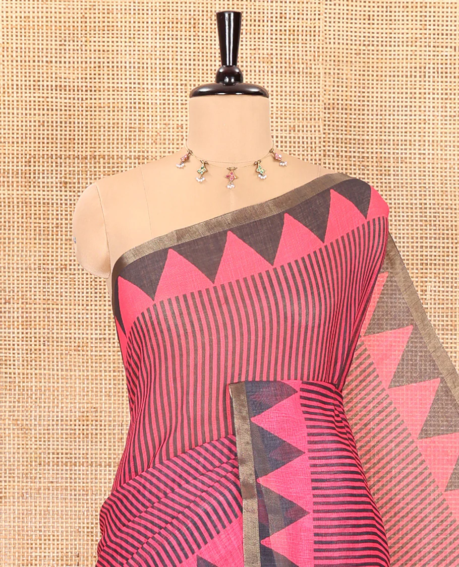 Pink vertical stripes printed linen cotton saree, a temple-printed border, big polka dot printed pallu, and a printed blouse - Image 2
