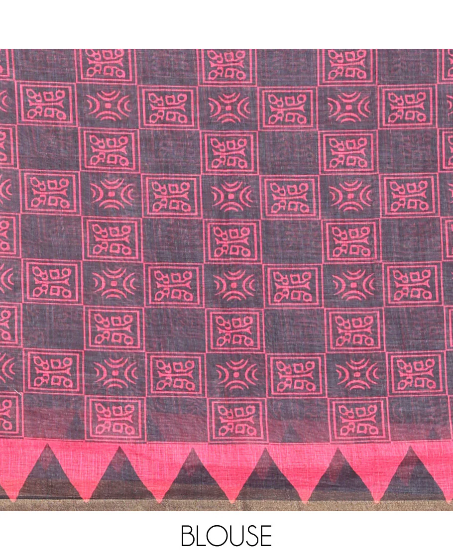 Pink vertical stripes printed linen cotton saree, a temple-printed border, big polka dot printed pallu, and a printed blouse - Image 3