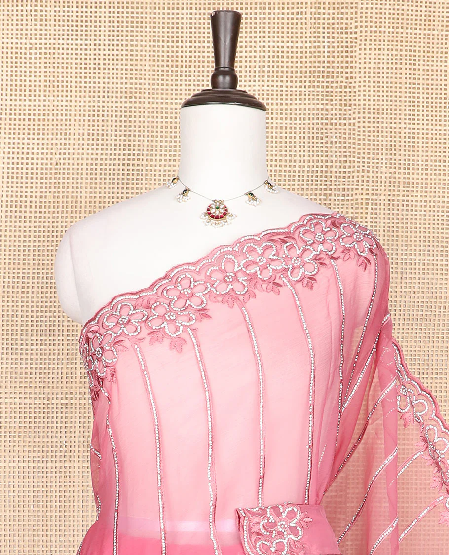 Pink vertically aligned Swarovski crystal stones embroidered designer saree, scallop thread woven flower stone work border - Image 2