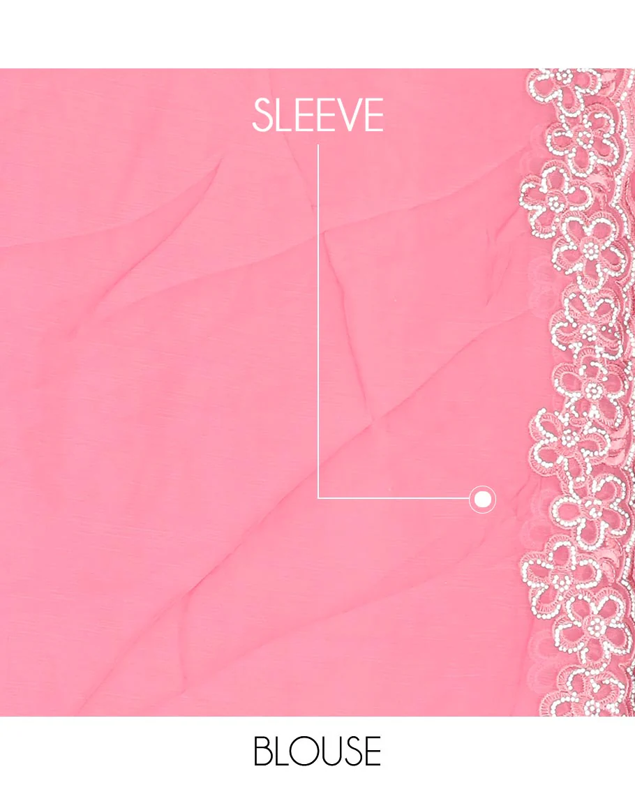 Pink vertically aligned Swarovski crystal stones embroidered designer saree, scallop thread woven flower stone work border - Image 3