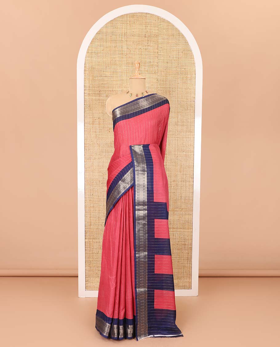 Pink vertically striped moss chiffon saree with contrast traditional zari design borders, striped pallu, and a contrast blouse - Image 2