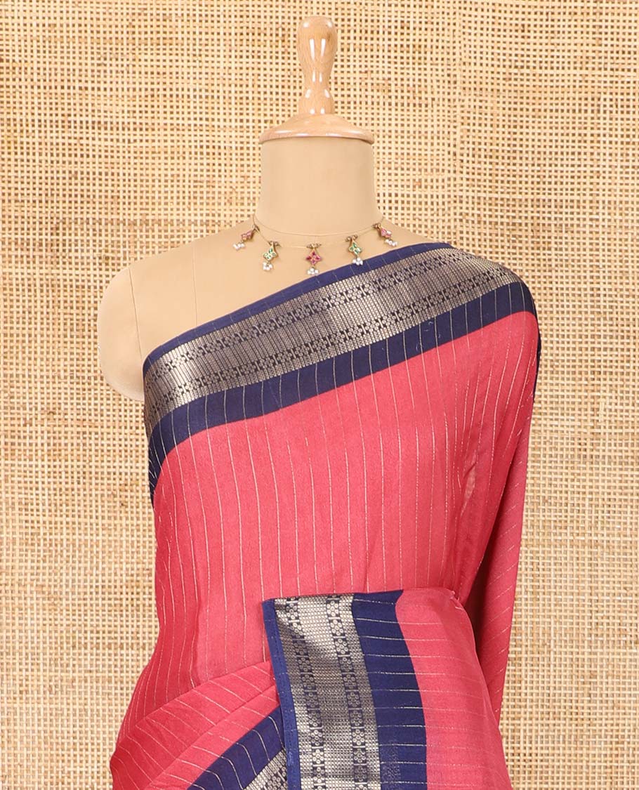 Pink vertically striped moss chiffon saree with contrast traditional zari design borders, striped pallu, and a contrast blouse - Image 3