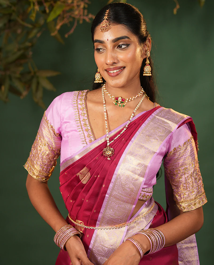 Pink yaanai and mayil buttas Vasundhara silk saree, contrast border of muthu, kathir, mayil, and yaanai designs, and diagonal striped pallu - Image 4