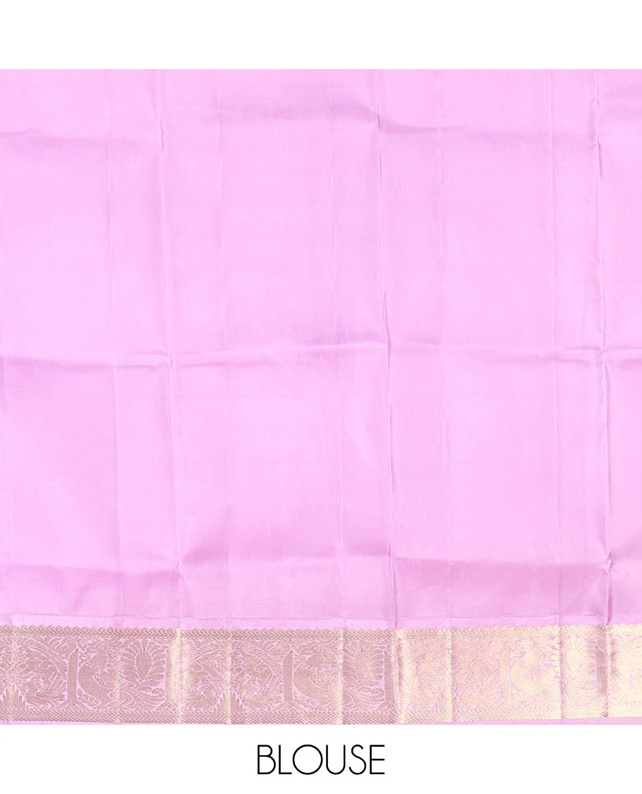Pink yaanai and mayil buttas Vasundhara silk saree, contrast border of muthu, kathir, mayil, and yaanai designs, and diagonal striped pallu - Image 5