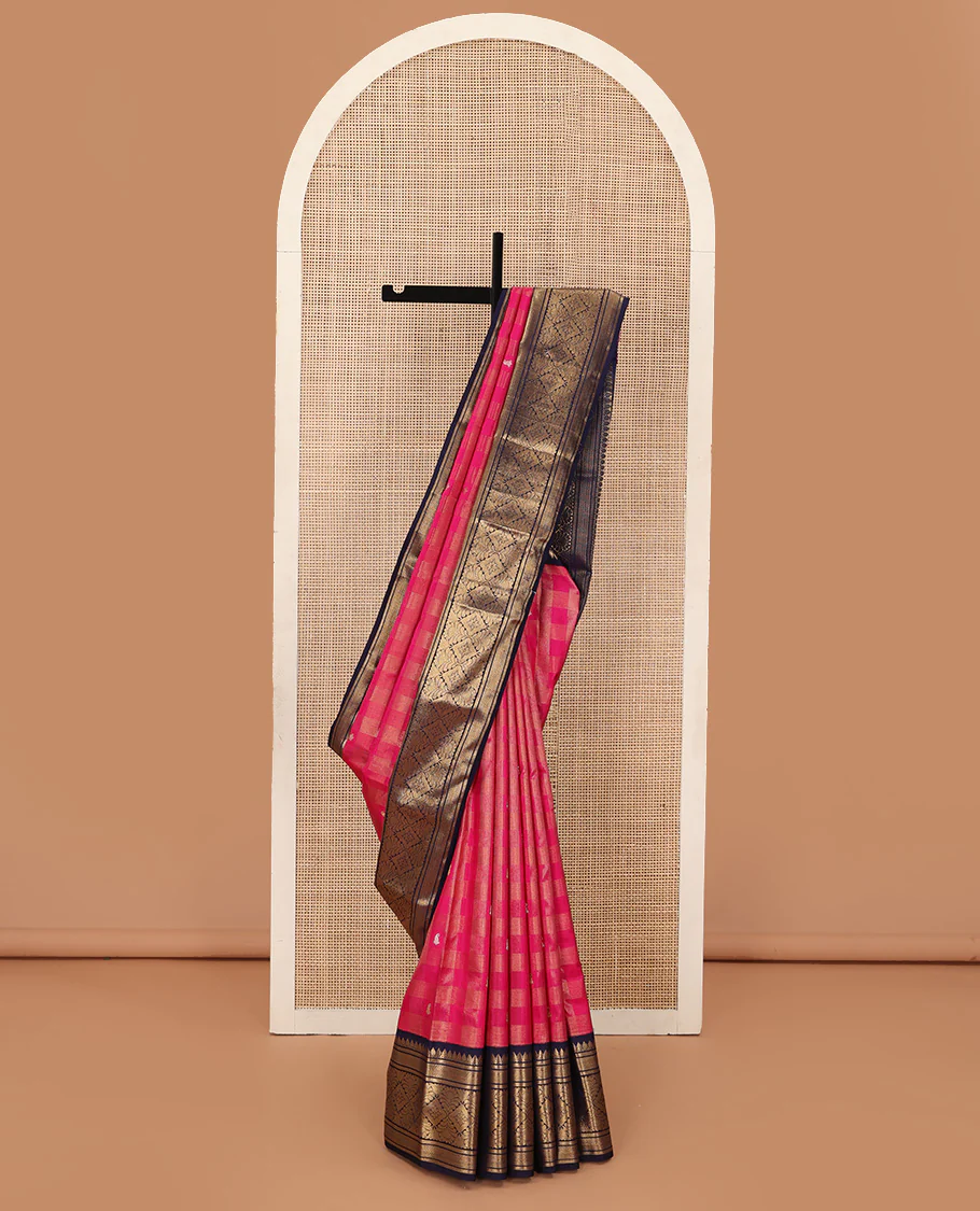 Pink zari buttas and checked Kanchipuram silk saree, contrast border of thazampoo rekku, kathir, mayil kann, and jaal designs - Image 3