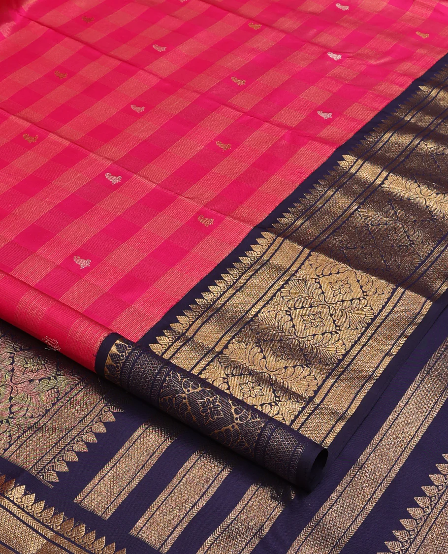 Pink zari buttas and checked Kanchipuram silk saree, contrast border of thazampoo rekku, kathir, mayil kann, and jaal designs - Image 4