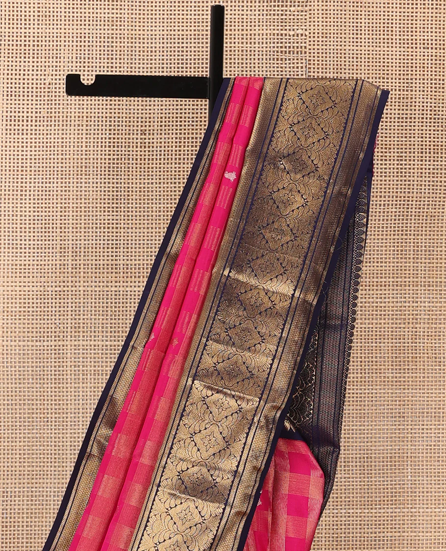 Pink zari buttas and checked Kanchipuram silk saree, contrast border of thazampoo rekku, kathir, mayil kann, and jaal designs - Image 6