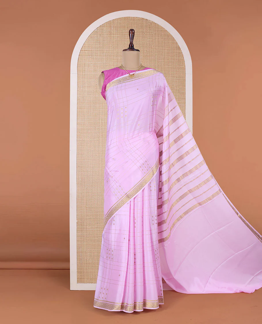 Pink zari buttas and checked Mysore silk saree, traditional zari border, and zari striped pallu - Image 2