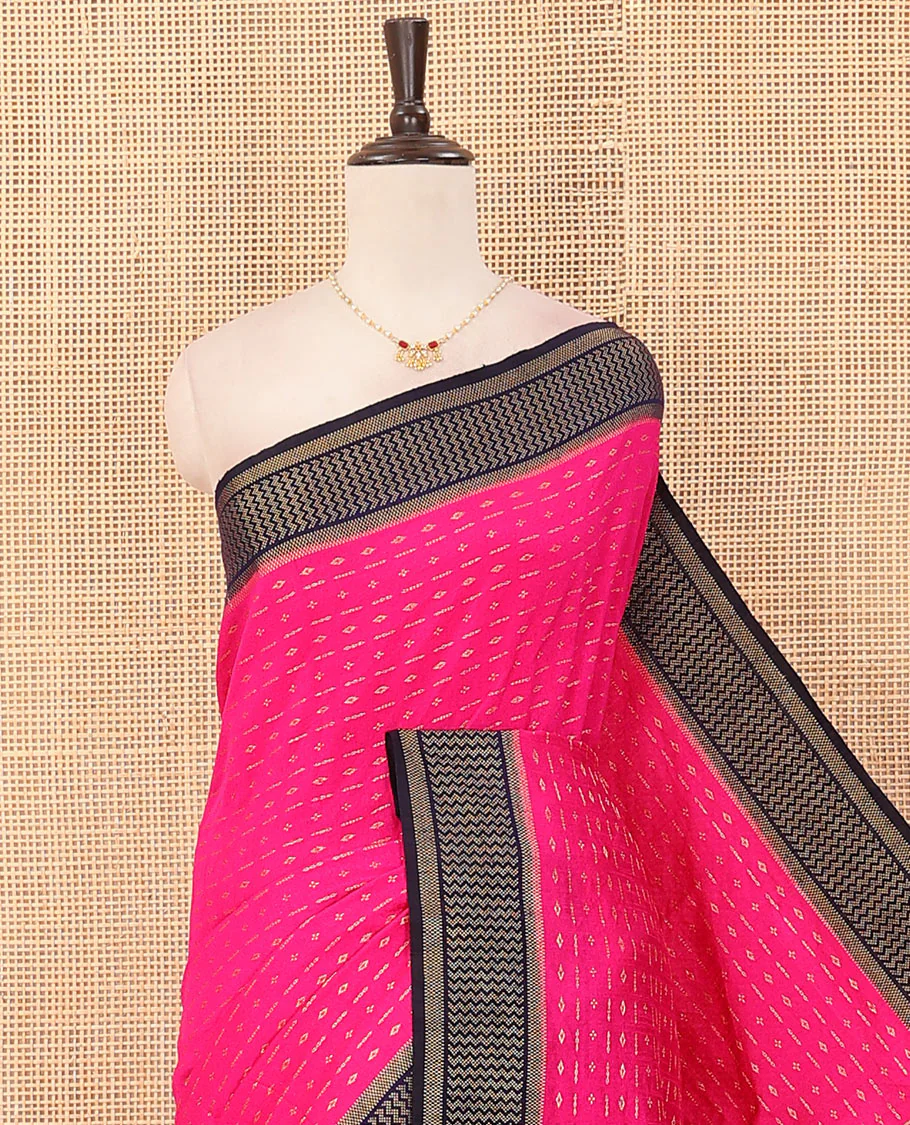 Pink zari buttas art dupion saree, contrast chevron design border, and pallu of diamond pattern in sequins stripes - Image 2