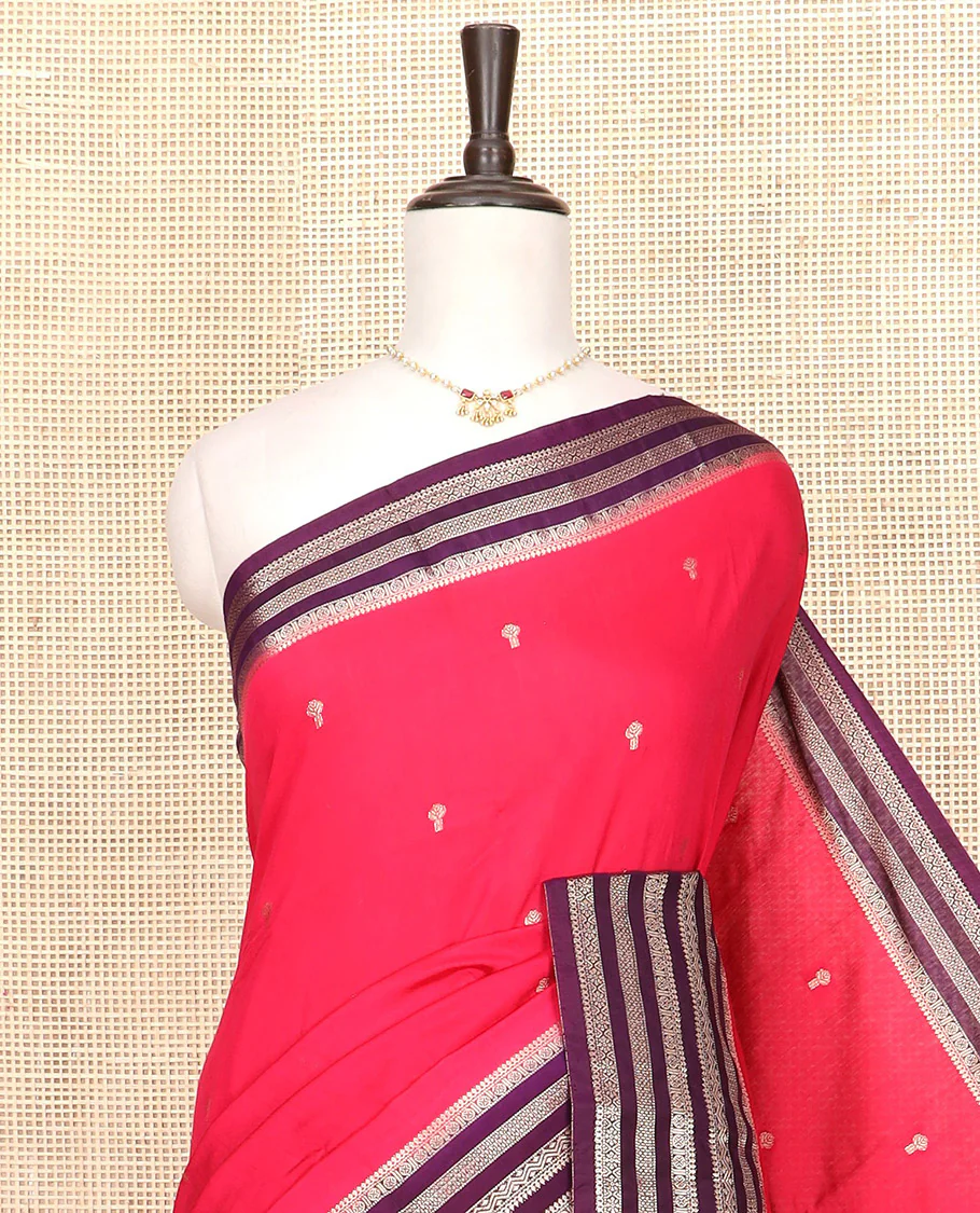 Pink zari buttas Assam silk saree, contrast traditional zari design border, and pallu of zari stripes and buttas - Image 2