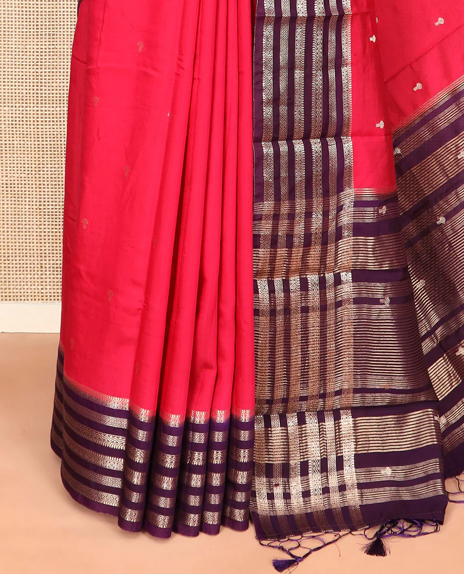 Pink zari buttas Assam silk saree, contrast traditional zari design border, and pallu of zari stripes and buttas - Image 3