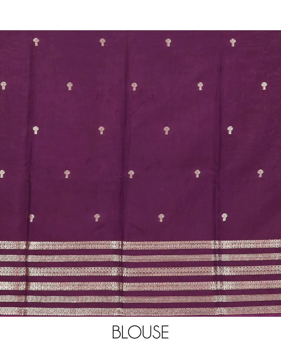 Pink zari buttas Assam silk saree, contrast traditional zari design border, and pallu of zari stripes and buttas - Image 4