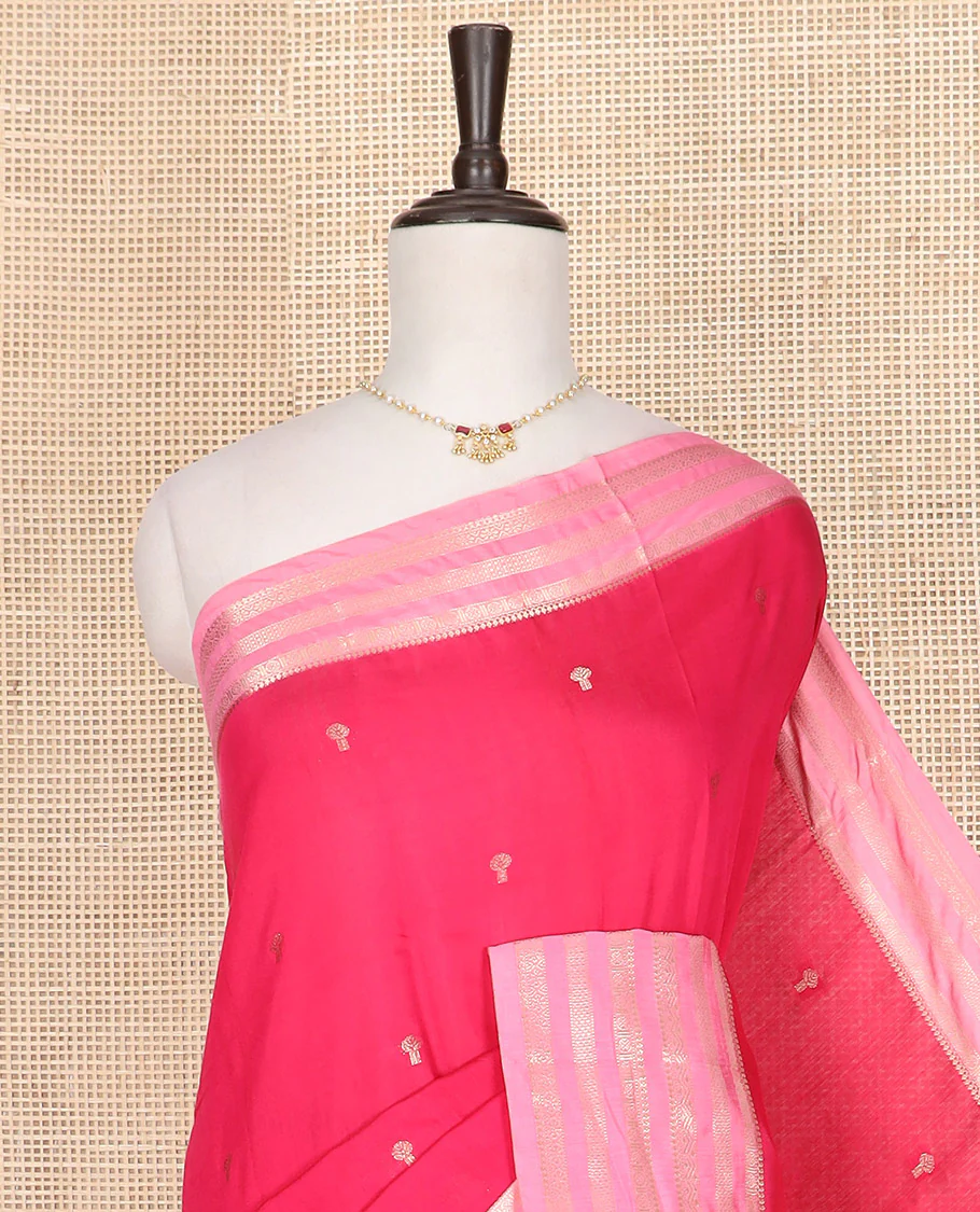 Pink zari buttas Assam silk saree, contrast traditional zari design border, and pallu of zari stripes and buttas - Image 2