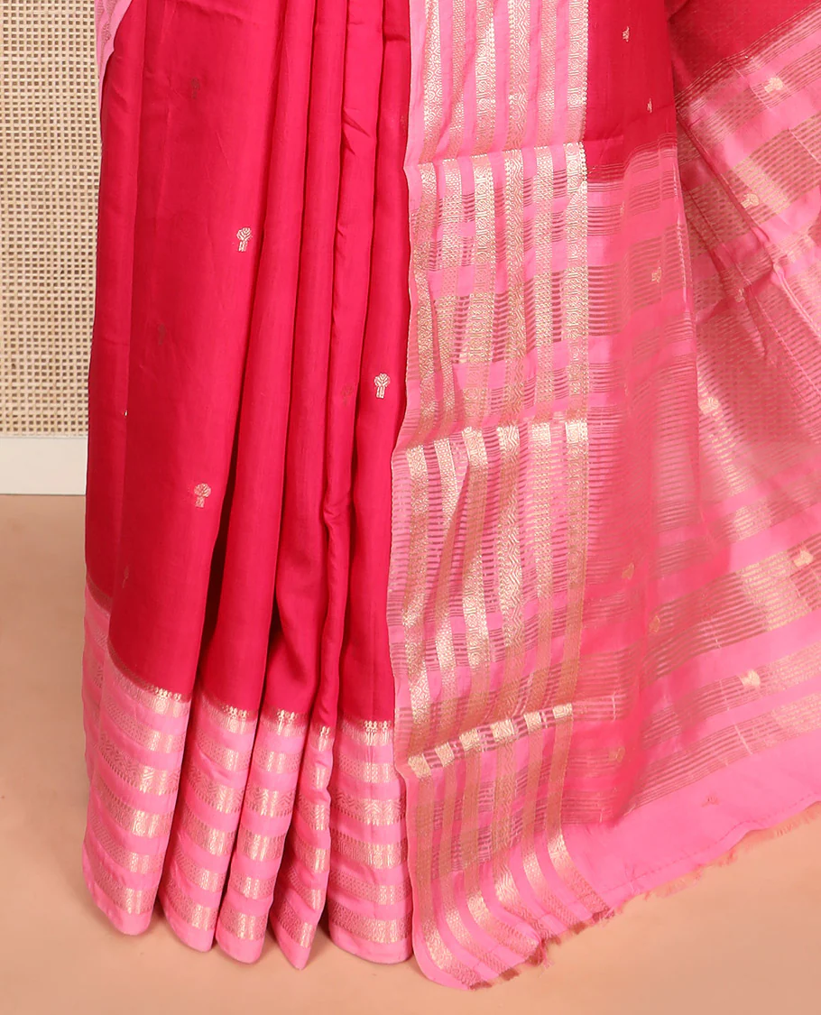 Pink zari buttas Assam silk saree, contrast traditional zari design border, and pallu of zari stripes and buttas - Image 3