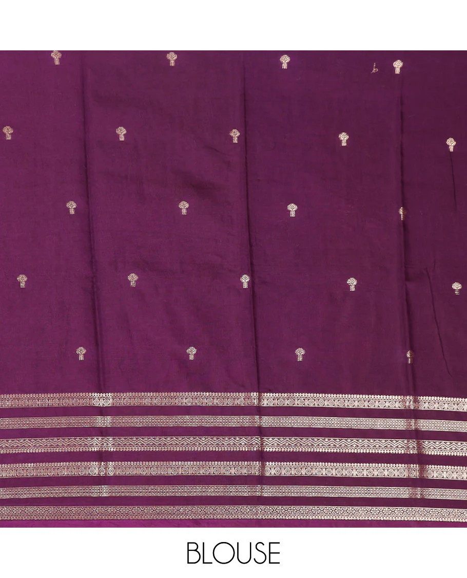 Pink zari buttas assam silk saree, contrast traditional zari design border, and zari striped pallu - Image 3