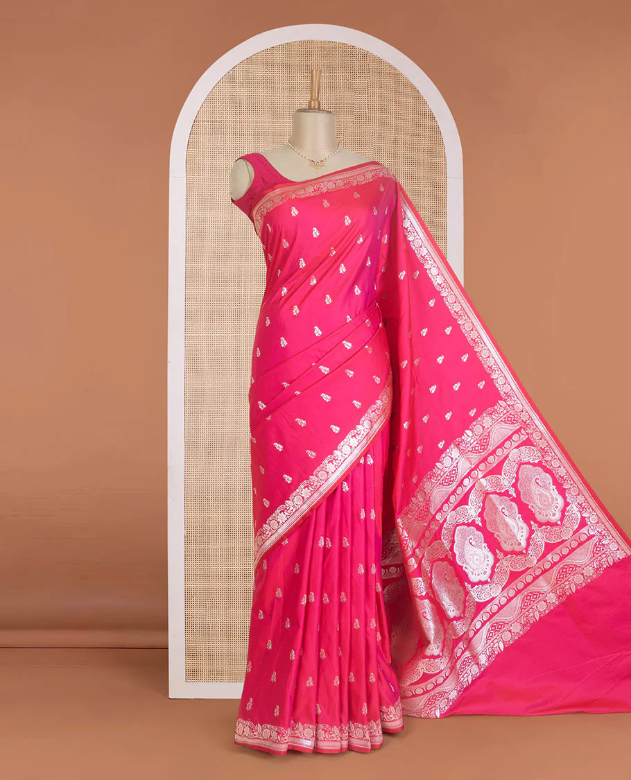 Pink zari buttas Banaras Satin silk saree, zari woven border, and pallu of floral, paisleys, and geometric designs - Image 2