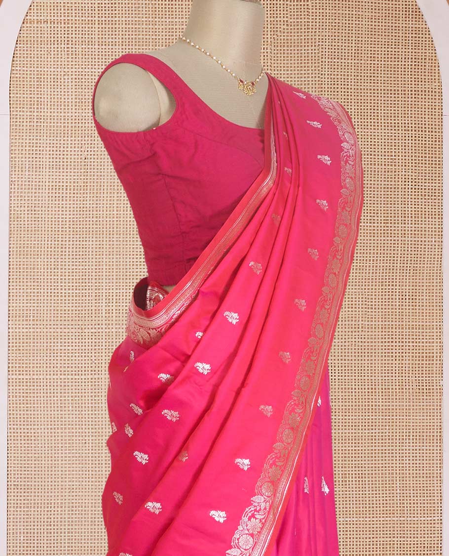 Pink zari buttas Banaras Satin silk saree, zari woven border, and pallu of floral, paisleys, and geometric designs - Image 3