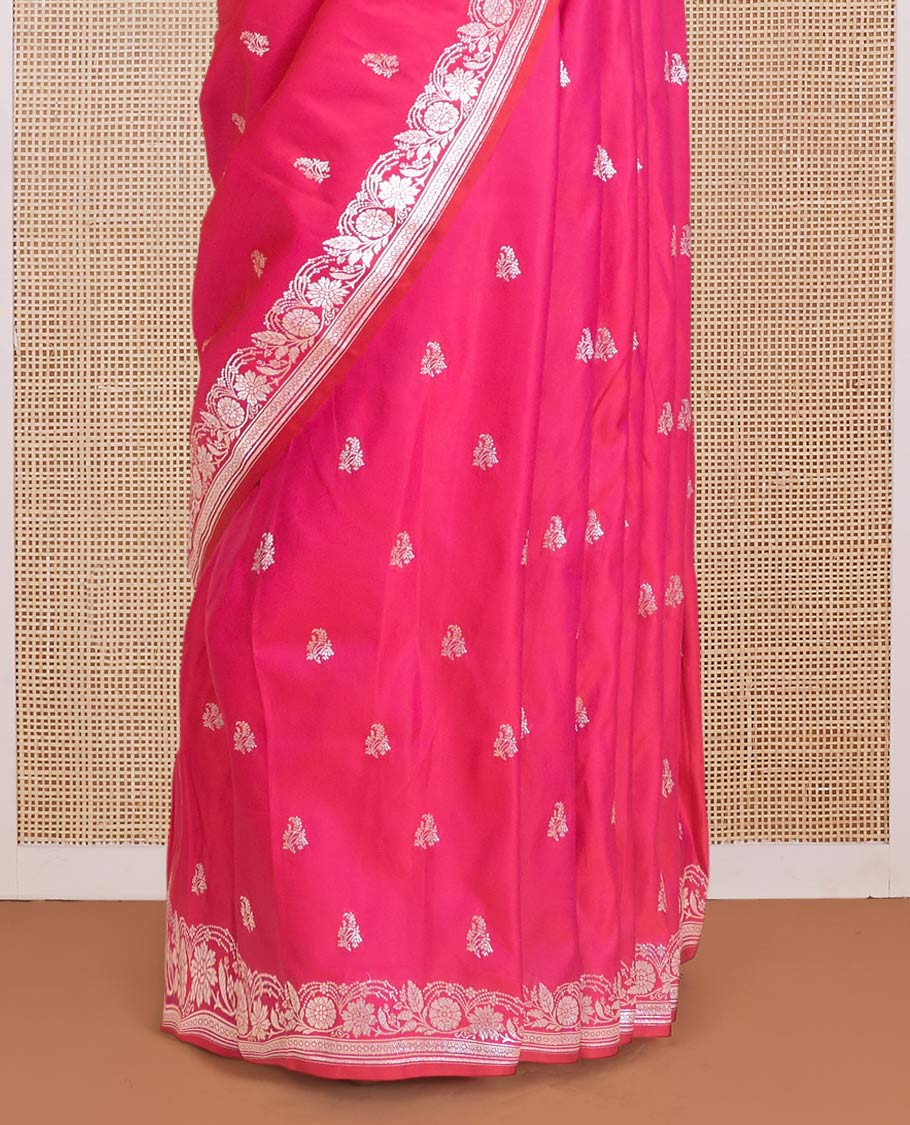 Pink zari buttas Banaras Satin silk saree, zari woven border, and pallu of floral, paisleys, and geometric designs - Image 4