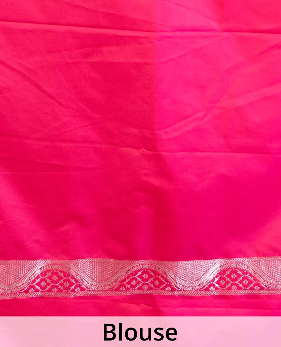Pink zari buttas Banaras Satin silk saree, zari woven border, and pallu of floral, paisleys, and geometric designs - Image 5