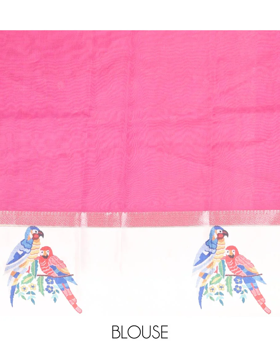 Pink zari buttas fancy organza saree, contrast satin with small zari border of macaw parrot motifs digital print, zari pallu, and a running blouse - Image 3