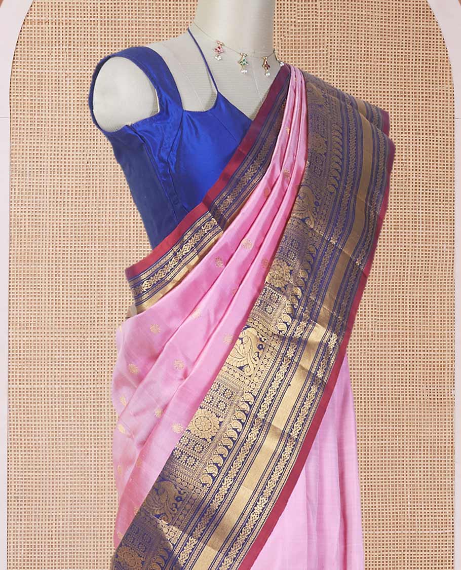 Pink zari buttas gadwal silk saree, contrast vidarbha traditional zari design border & zari design pallu - Image 3