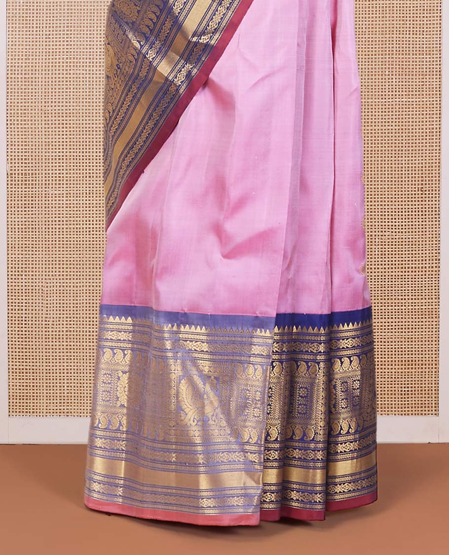 Pink zari buttas gadwal silk saree, contrast vidarbha traditional zari design border & zari design pallu - Image 4