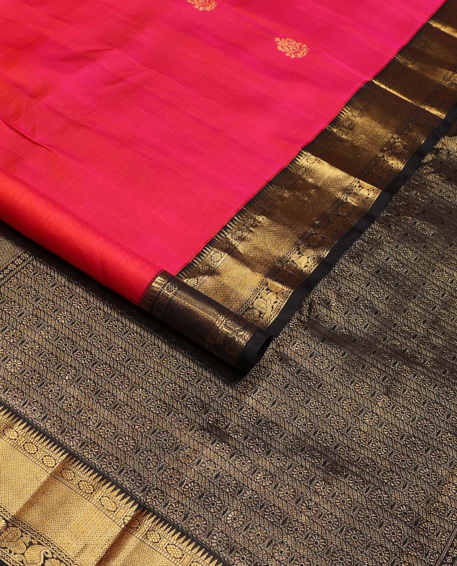 Pink zari buttas Kanchipuram korvai silk saree, contrast neer korvai border of rekku, muthu, laddu kamalam, neli, myil, and manga designs, and pallu of laddu kamalam designs - Image 2