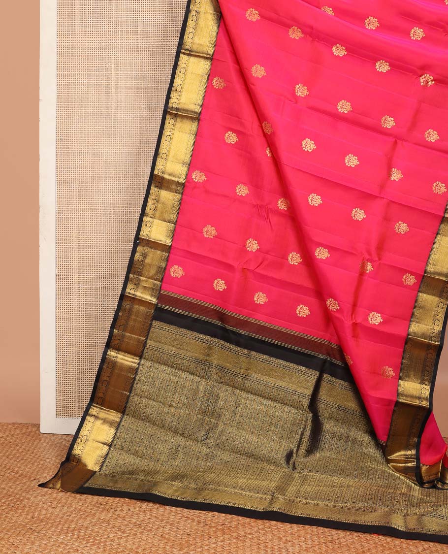 Pink zari buttas Kanchipuram korvai silk saree, contrast neer korvai border of rekku, muthu, laddu kamalam, neli, myil, and manga designs, and pallu of laddu kamalam designs - Image 3