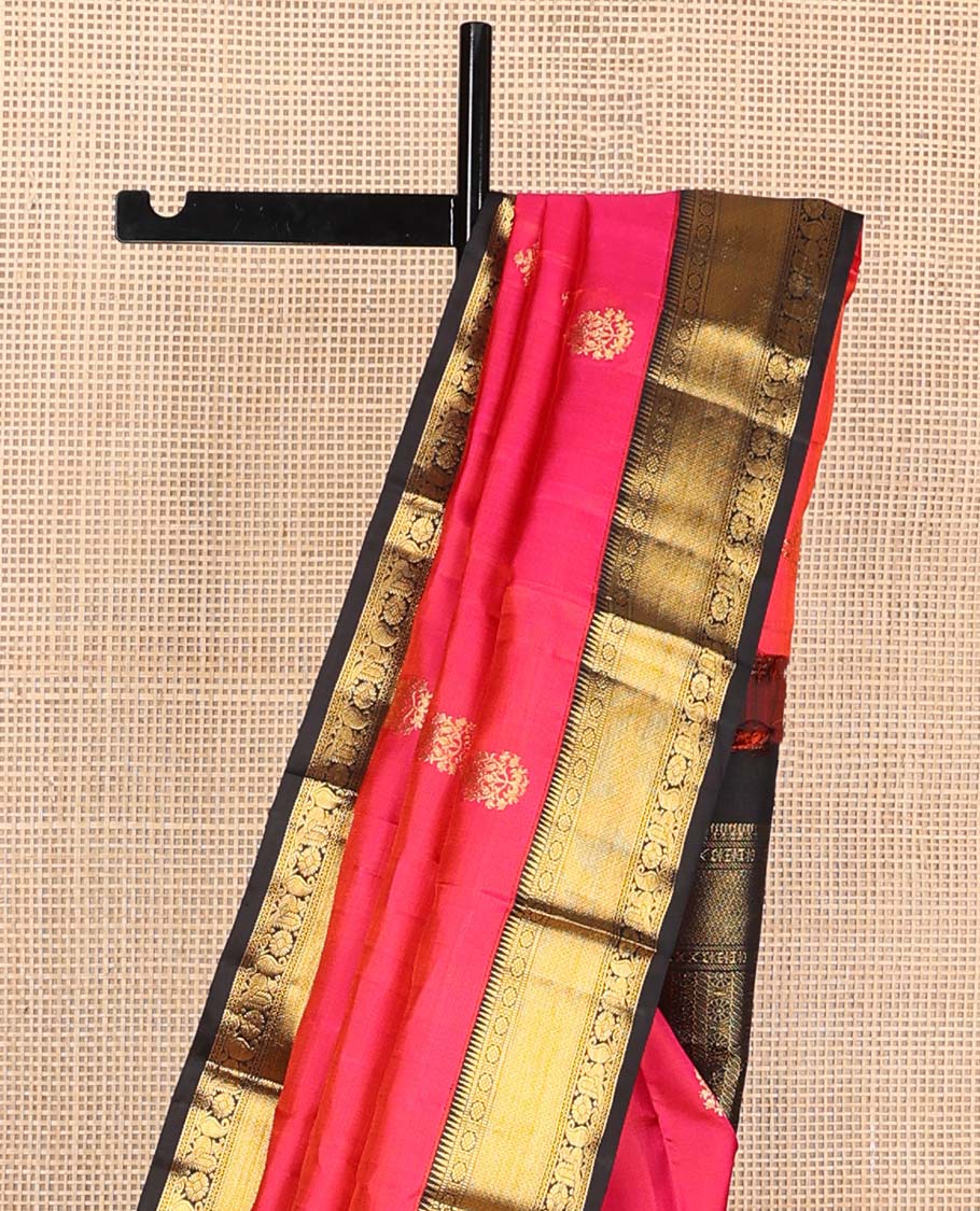 Pink zari buttas Kanchipuram korvai silk saree, contrast neer korvai border of rekku, muthu, laddu kamalam, neli, myil, and manga designs, and pallu of laddu kamalam designs - Image 4