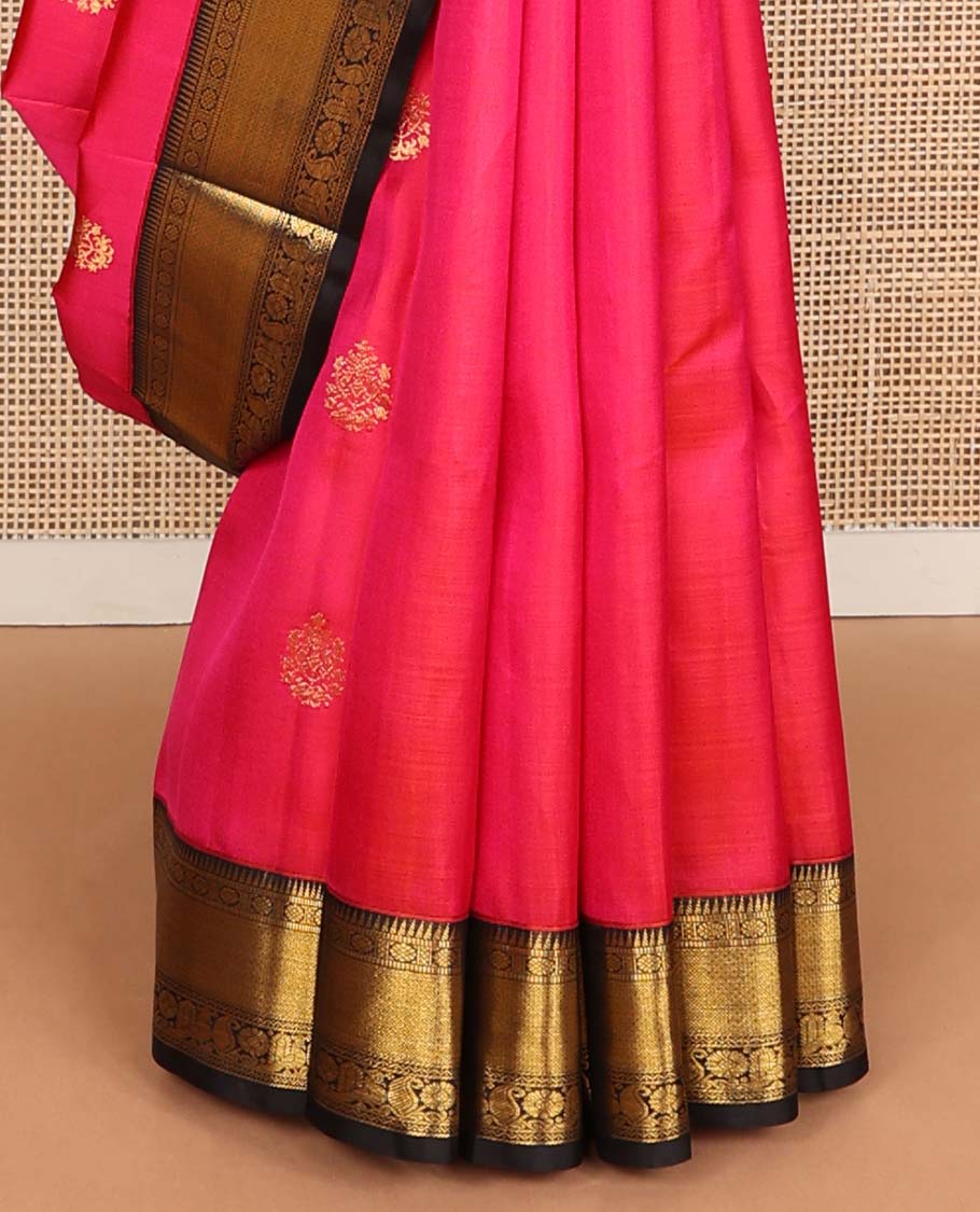 Pink zari buttas Kanchipuram korvai silk saree, contrast neer korvai border of rekku, muthu, laddu kamalam, neli, myil, and manga designs, and pallu of laddu kamalam designs - Image 5