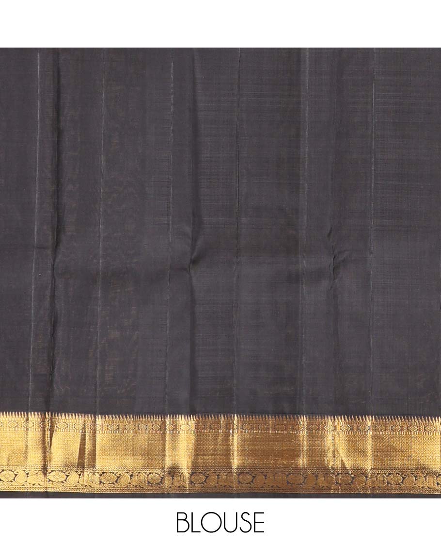 Pink zari buttas Kanchipuram korvai silk saree, contrast neer korvai border of rekku, muthu, laddu kamalam, neli, myil, and manga designs, and pallu of laddu kamalam designs - Image 6
