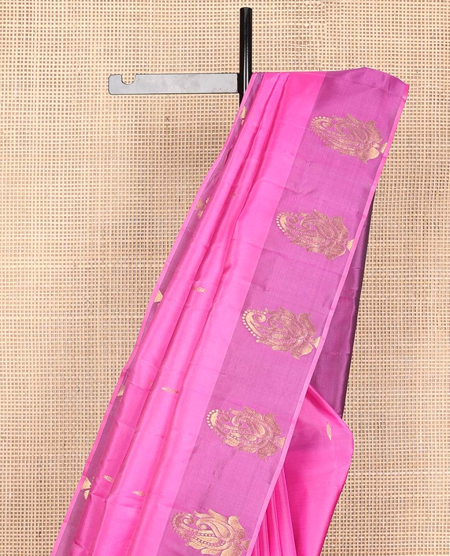 Pink zari buttas Kanchipuram silk saree, contrast manga design border, and pallu of manga zari designs - Image 4