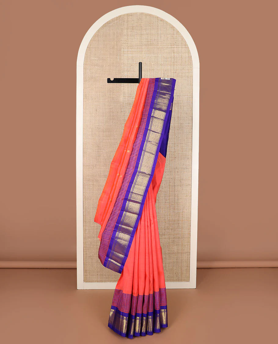 Pink zari buttas Kanchipuram silk saree, contrast micro-checked border of thilakam mokku, banaras & jaal design & zari design pallu