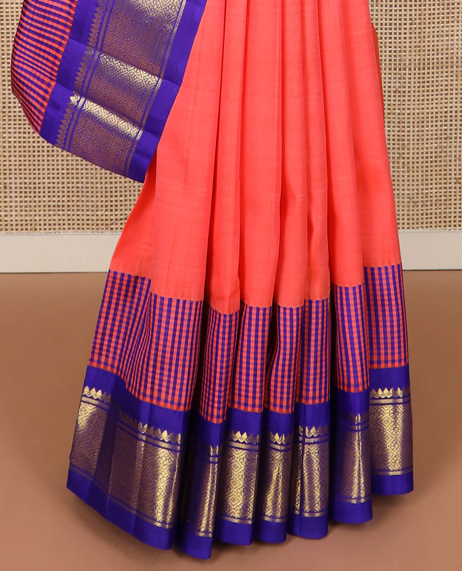 Pink zari buttas Kanchipuram silk saree, contrast micro-checked border of thilakam mokku, banaras & jaal design & zari design pallu - Image 5