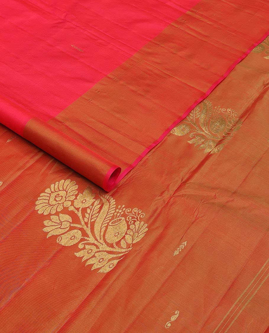 Pink zari buttas Kanchipuram silk saree, contrast peacock and floral zari border, and pallu of floral designs - Image 2