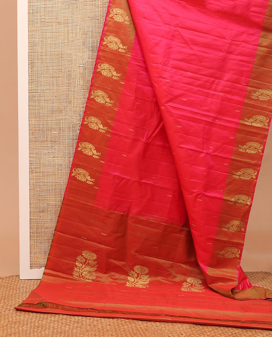 Pink zari buttas Kanchipuram silk saree, contrast peacock and floral zari border, and pallu of floral designs - Image 3