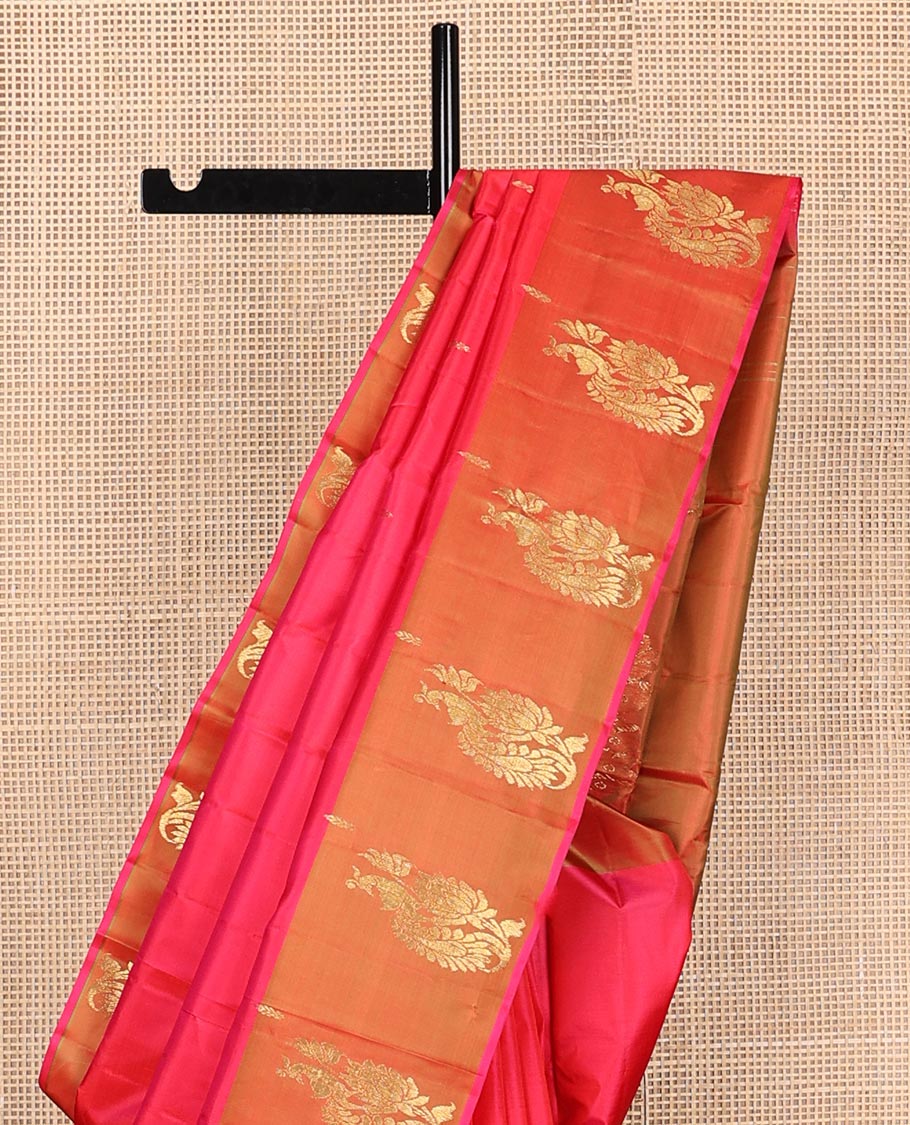 Pink zari buttas Kanchipuram silk saree, contrast peacock and floral zari border, and pallu of floral designs - Image 4