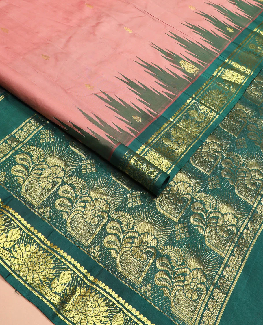 Pink zari buttas Kanchipuram silk saree, contrast thazampoo rekku border of salngai, and kamalam designs, and intricate pallu - Image 2