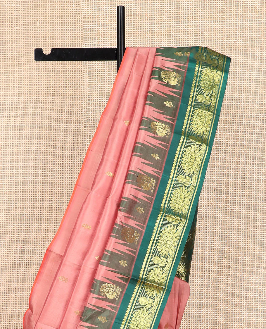 Pink zari buttas Kanchipuram silk saree, contrast thazampoo rekku border of salngai, and kamalam designs, and intricate pallu - Image 3