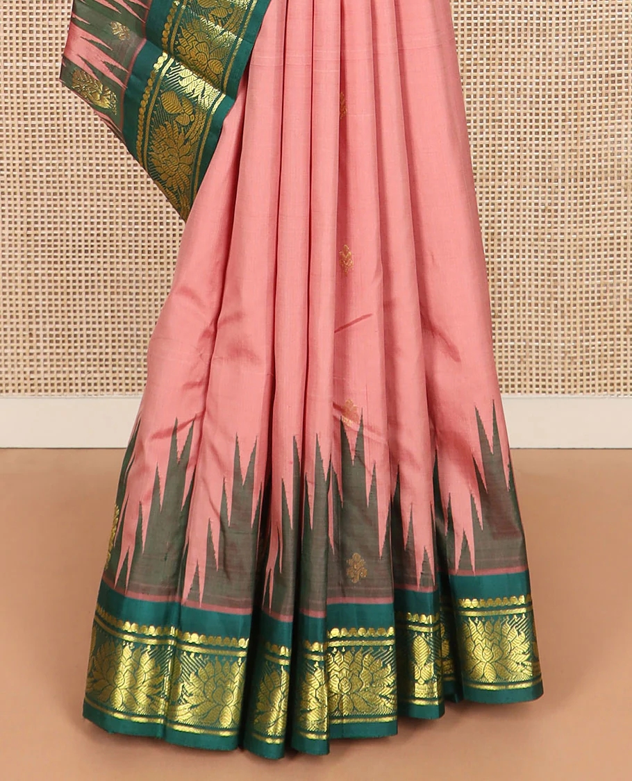 Pink zari buttas Kanchipuram silk saree, contrast thazampoo rekku border of salngai, and kamalam designs, and intricate pallu - Image 4