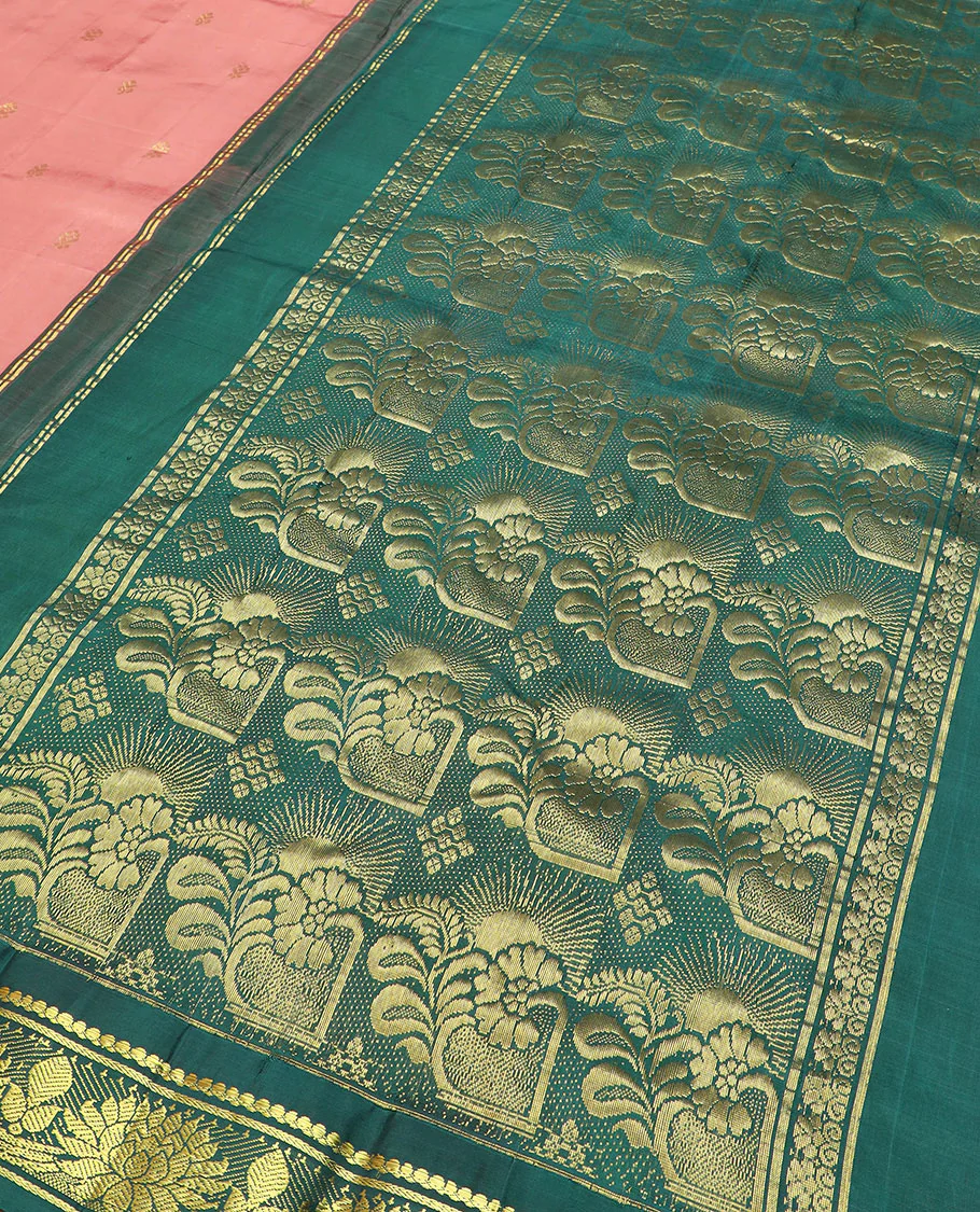 Pink zari buttas Kanchipuram silk saree, contrast thazampoo rekku border of salngai, and kamalam designs, and intricate pallu - Image 5