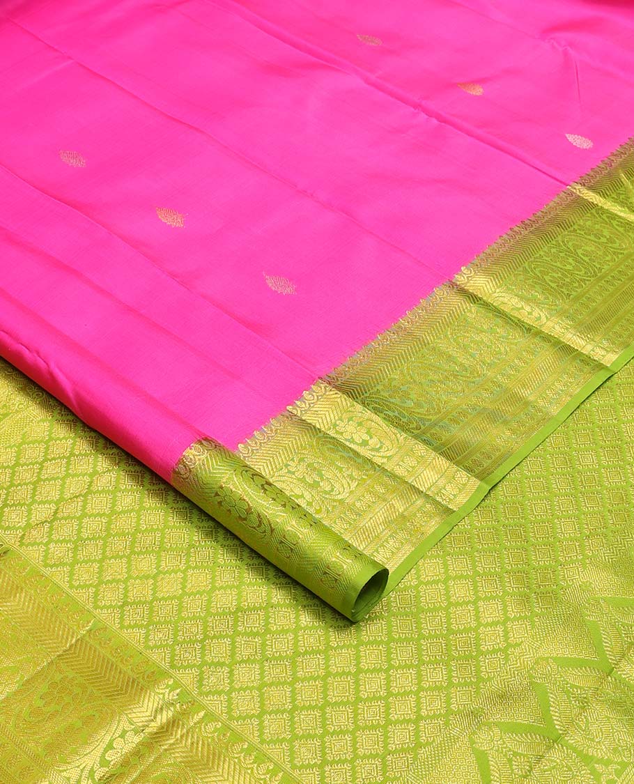 Pink zari buttas Kanchipuram silk saree, contrast zari border of vanki, kodi visiry, and poun designs, and contrast pallu of jaal design - Image 2