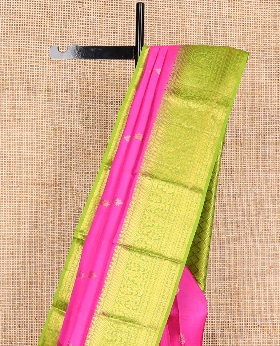 Pink zari buttas Kanchipuram silk saree, contrast zari border of vanki, kodi visiry, and poun designs, and contrast pallu of jaal design - Image 4