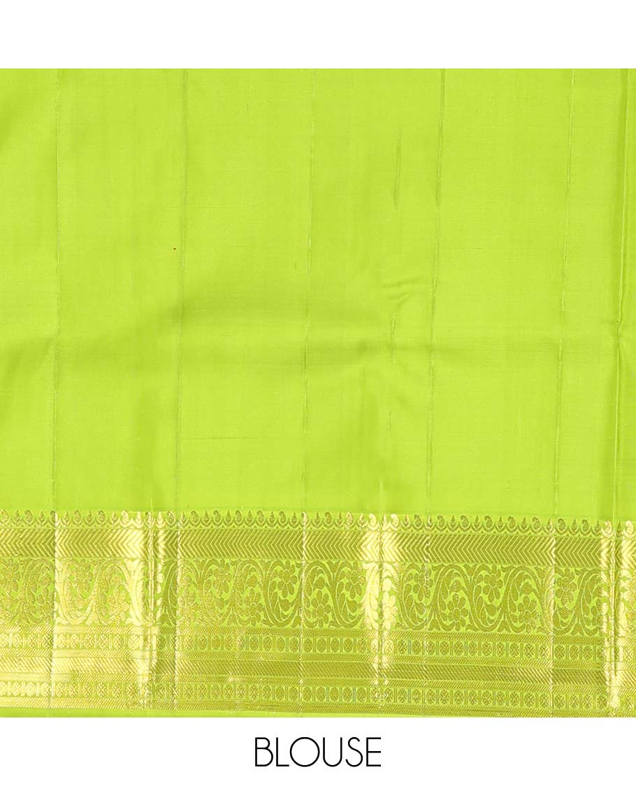 Pink zari buttas Kanchipuram silk saree, contrast zari border of vanki, kodi visiry, and poun designs, and contrast pallu of jaal design - Image 6