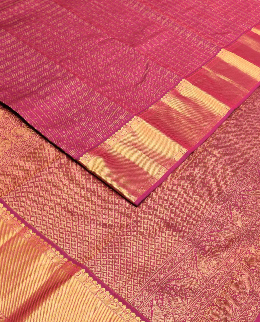 Pink zari buttas Kanchipuram silk saree, zari border of manga, mayil, and kuyil kann designs, and jaal pallu - Image 2
