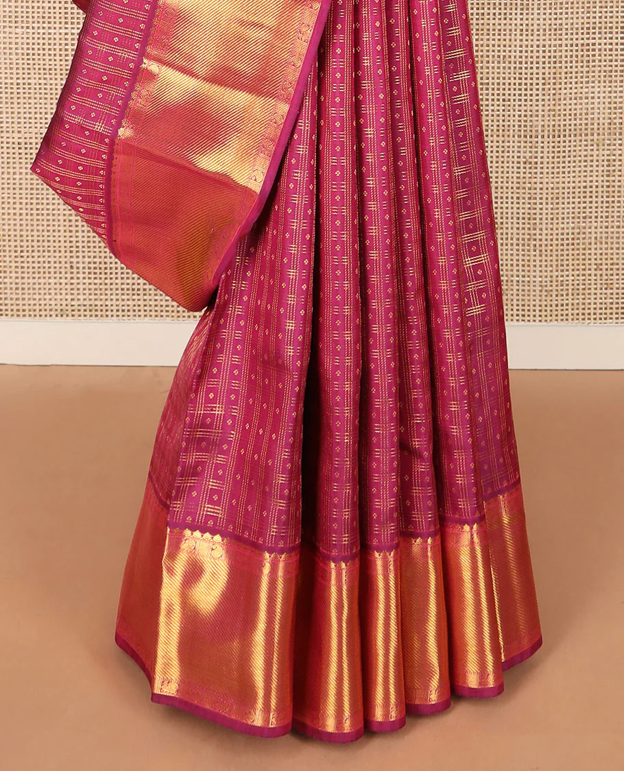Pink zari buttas Kanchipuram silk saree, zari border of manga, mayil, and kuyil kann designs, and jaal pallu - Image 4