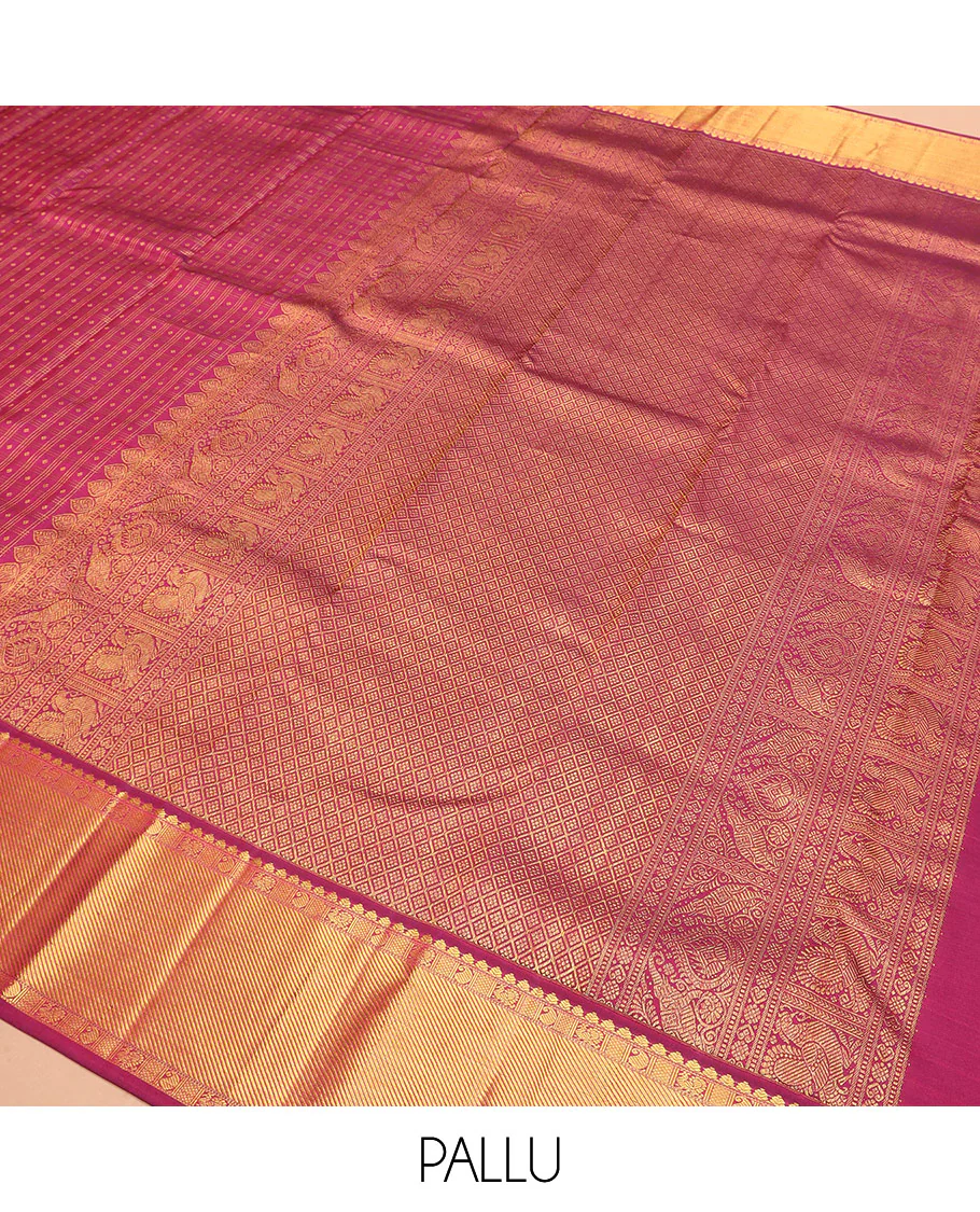 Pink zari buttas Kanchipuram silk saree, zari border of manga, mayil, and kuyil kann designs, and jaal pallu - Image 5