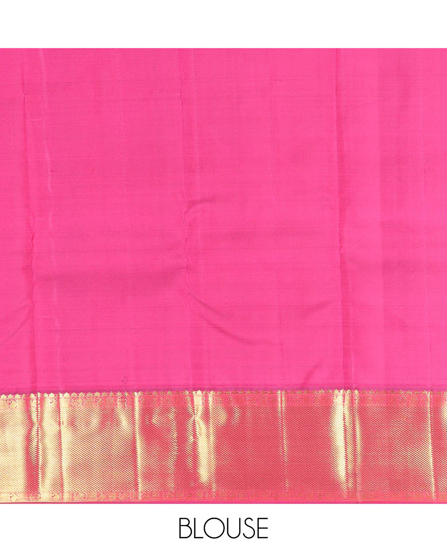 Pink zari buttas Kanchipuram silk saree, zari border of manga, mayil, and kuyil kann designs, and jaal pallu - Image 6