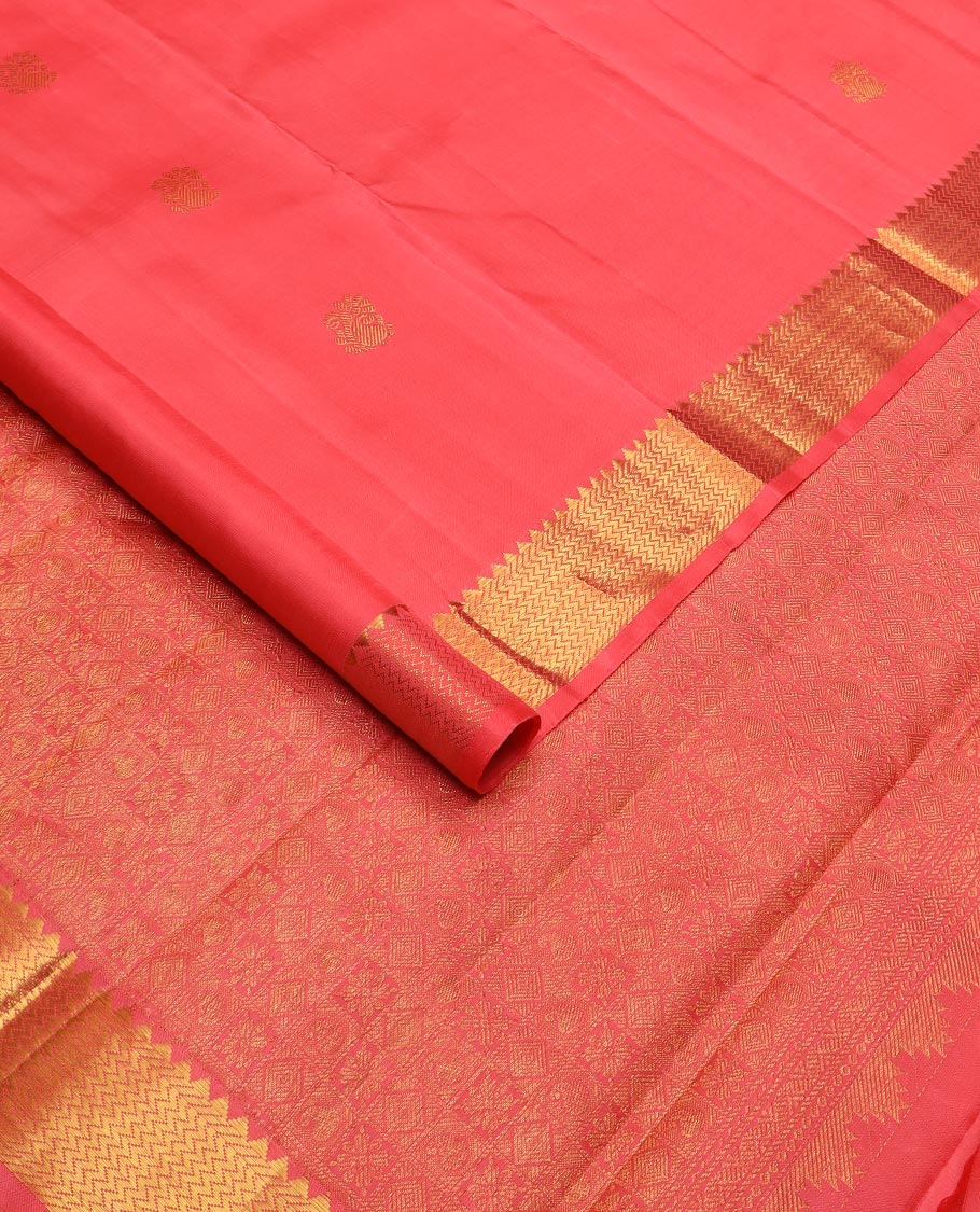 Pink zari buttas Kanchipuram silk saree, zari border of rekku, banaras, and vanki designs, and pallu of buttas enclosed checks - Image 2
