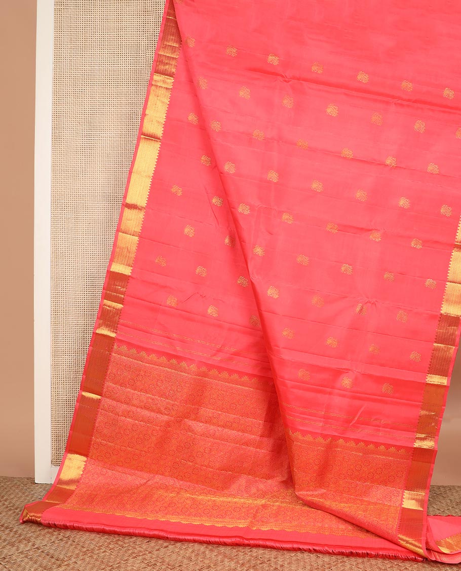 Pink zari buttas Kanchipuram silk saree, zari border of rekku, banaras, and vanki designs, and pallu of buttas enclosed checks - Image 3